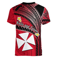Wallis And Futuna Women V Neck T Shirt Plumeria Flowers With Red Polynesian Pattern LT14 - Polynesian Pride