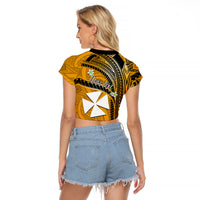 (Custom Personalised) Wallis And Futuna Raglan Cropped T Shirt Plumeria Flowers With Gold Polynesian Pattern LT14 - Polynesian Pride