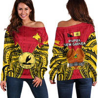 Papua New Guinea Off Shoulder Sweater National Capital District Mix Coat Of Arms Polynesian Art LT14 Women Red - Polynesian Pride