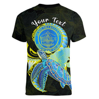 (Custom Personalised) Palau Women V Neck T Shirt Hibiscus Turtle Mix Coat Of Arms Black Version LT14 - Polynesian Pride