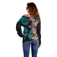 Palau Off Shoulder Sweater Tropical Flowers With Polynesian Pattern LT14 - Polynesian Pride