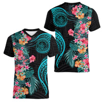 Palau Women V Neck T Shirt Tropical Flowers With Polynesian Pattern LT14 Female Black - Polynesian Pride