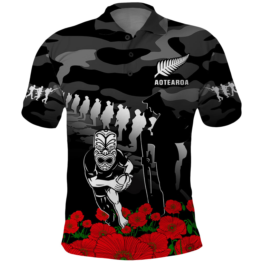 New Zealand ANZAC Rugby Polo Shirt Silver Fern All Black Camouflage Mix Poppy LT14 Black - Polynesian Pride