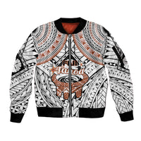 Fiji Tanoa Sleeve Zip Bomber Jacket Kava Bowl Fijian Tapa Brown Pattern LT14 Unisex White - Polynesian Pride