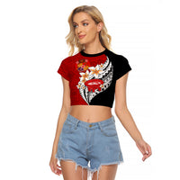 Tonga Kava Bowl Raglan Cropped T Shirt Tongan Kupesi Ngatu Pattern Black LT14 Female Red - Polynesian Pride