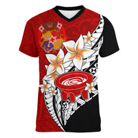 Tonga Kava Bowl Women V Neck T Shirt Tongan Kupesi Ngatu Pattern Black LT14 - Polynesian Pride