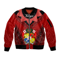 Tonga Heilala Flowers Sleeve Zip Bomber Jacket Tongan Ngatu Black Special Verison LT14 Unisex Red - Polynesian Pride