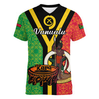 (Custom Personalised) Vanuatu Women V Neck T Shirt Kava Bowl Mix Sand Drawing Flag Style LT14 - Polynesian Pride