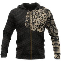 Maori Tattoo Hoodie, New Zealand Lion Tattoo Zipper Hoodie Tan Unisex Black - Polynesian Pride
