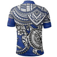 Chuuk Polo Shirt Chuuk FLag White Turtle Hibiscus (Blue) - Polynesian Pride