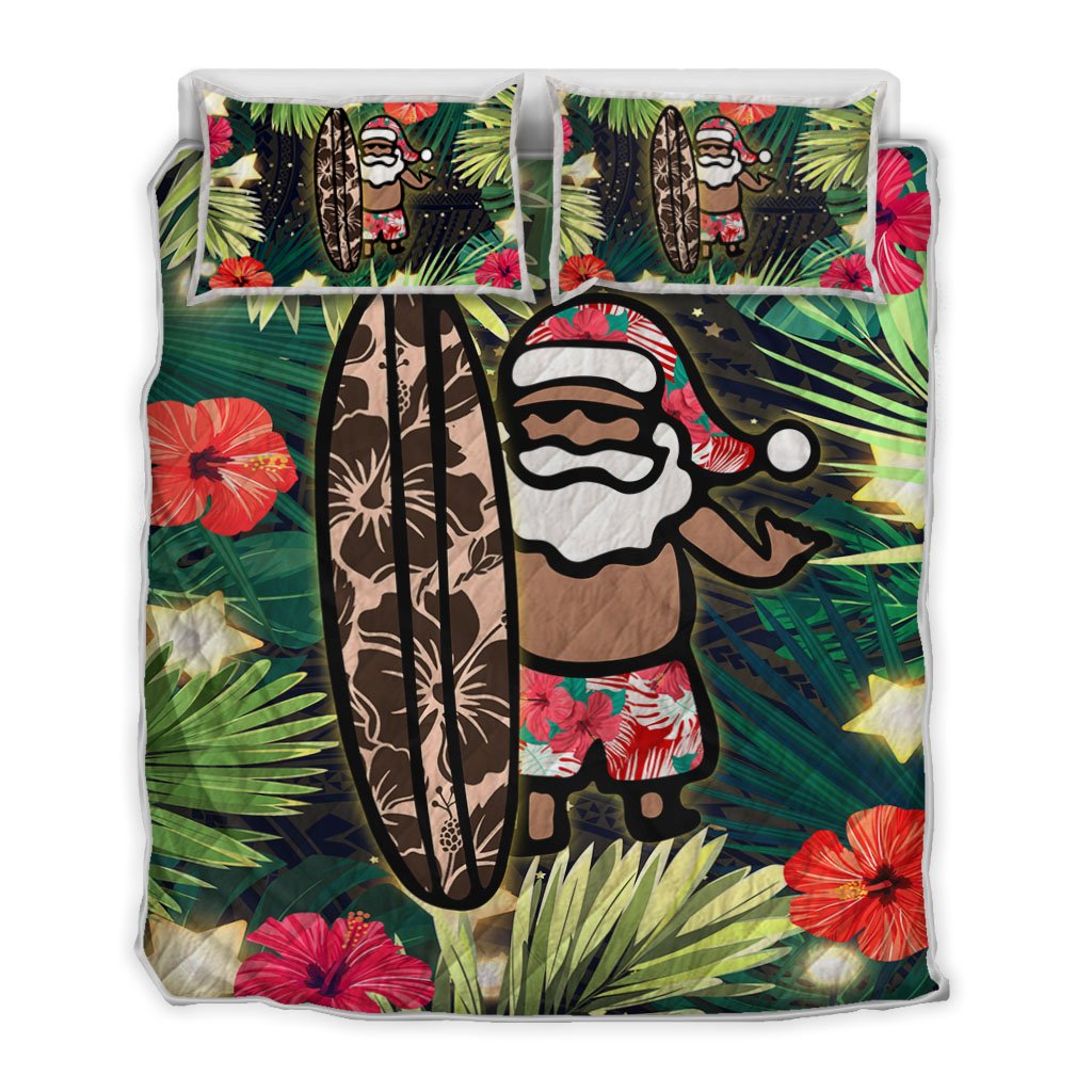 Hawaii Santa Claus Surf Christmas Pattern Quilt Bed Set - AH Black - Polynesian Pride