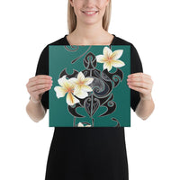 Turtle Poly Trinal Plumeria Turquoise Canvas 12x12 Canvas Turquoise - Polynesian Pride