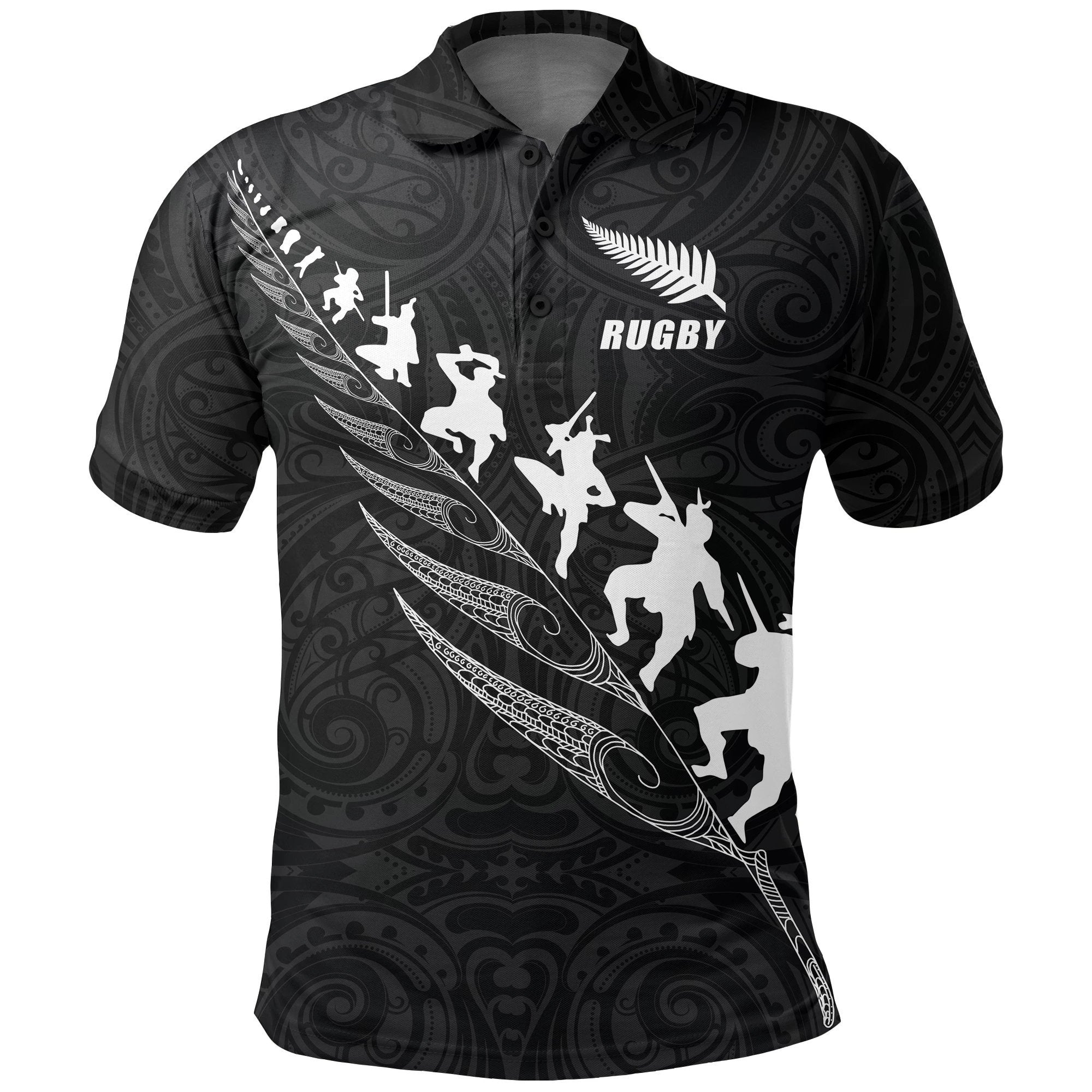 New Zealand Rugby Haka Fern Polo Shirt Maori Black Unisex Black - Polynesian Pride
