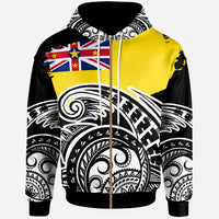 Niue Custom Zip Hoodie Ethnic Style With Round Black White Pattern Unisex Black - Polynesian Pride
