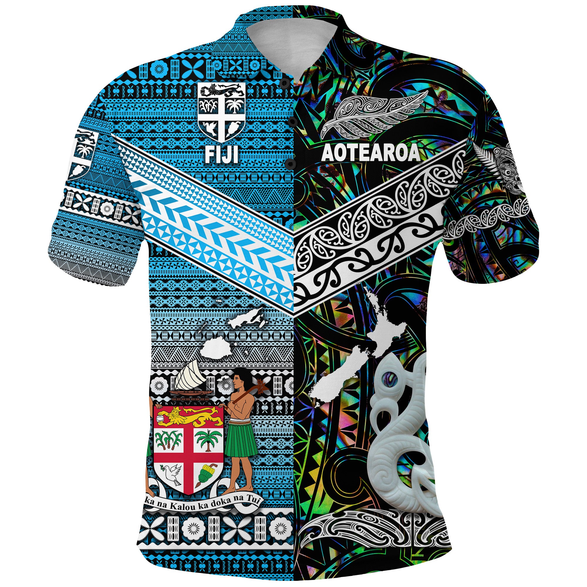 New Zealand Fiji Polo Shirt Maori and Tapa Together Paua Shell LT8 - Polynesian Pride