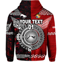 Custom New Zealand Tonga Zip Hoodie Maori and Polynesian Together Red, Custom Text and Number LT8 - Polynesian Pride