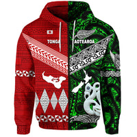 Custom New Zealand Tonga Zip Hoodie Maori and Polynesian Together Green, Custom Text and Number LT8 - Polynesian Pride