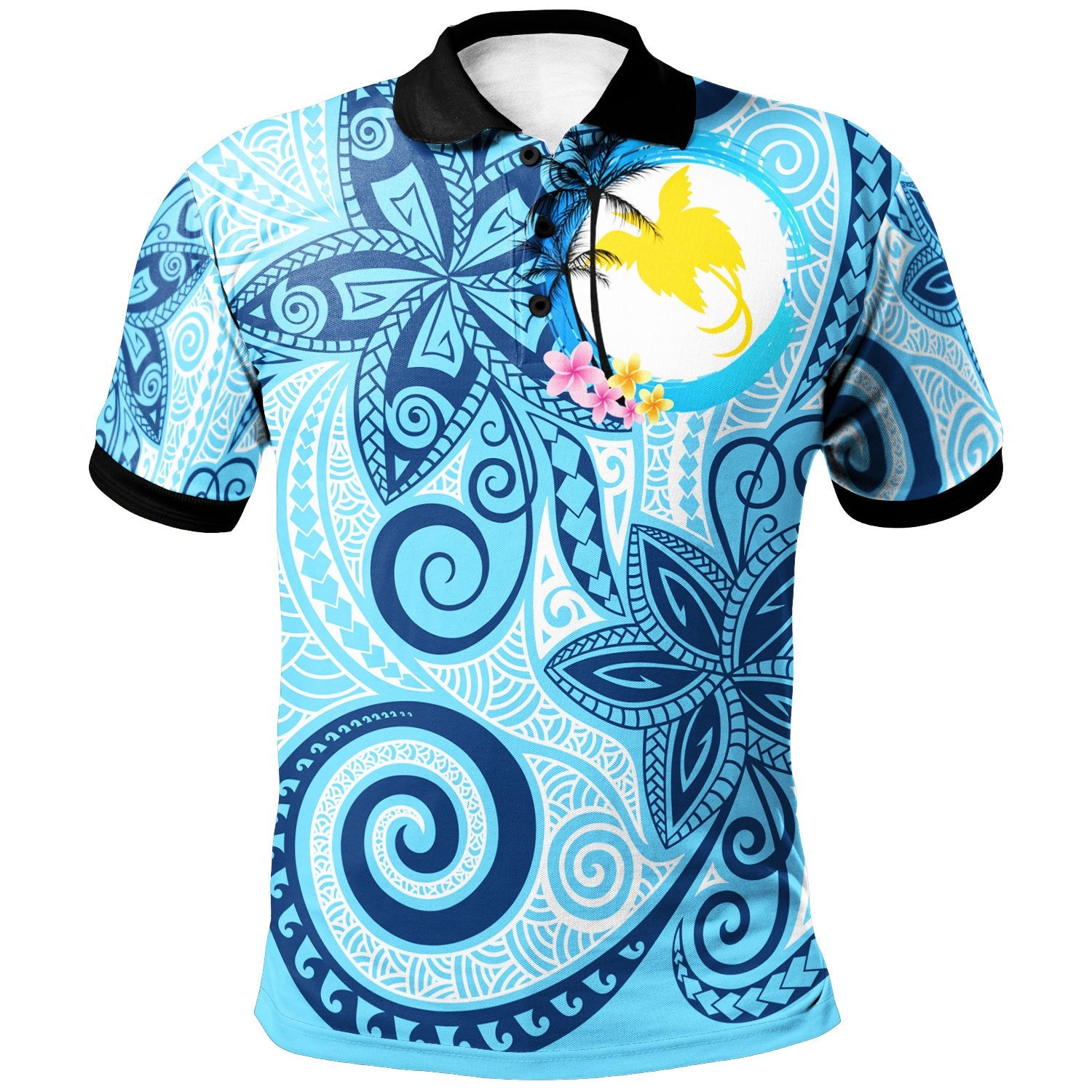 Papua Polo Shirt Tribal Plumeria Pattern Unisex Blue - Polynesian Pride