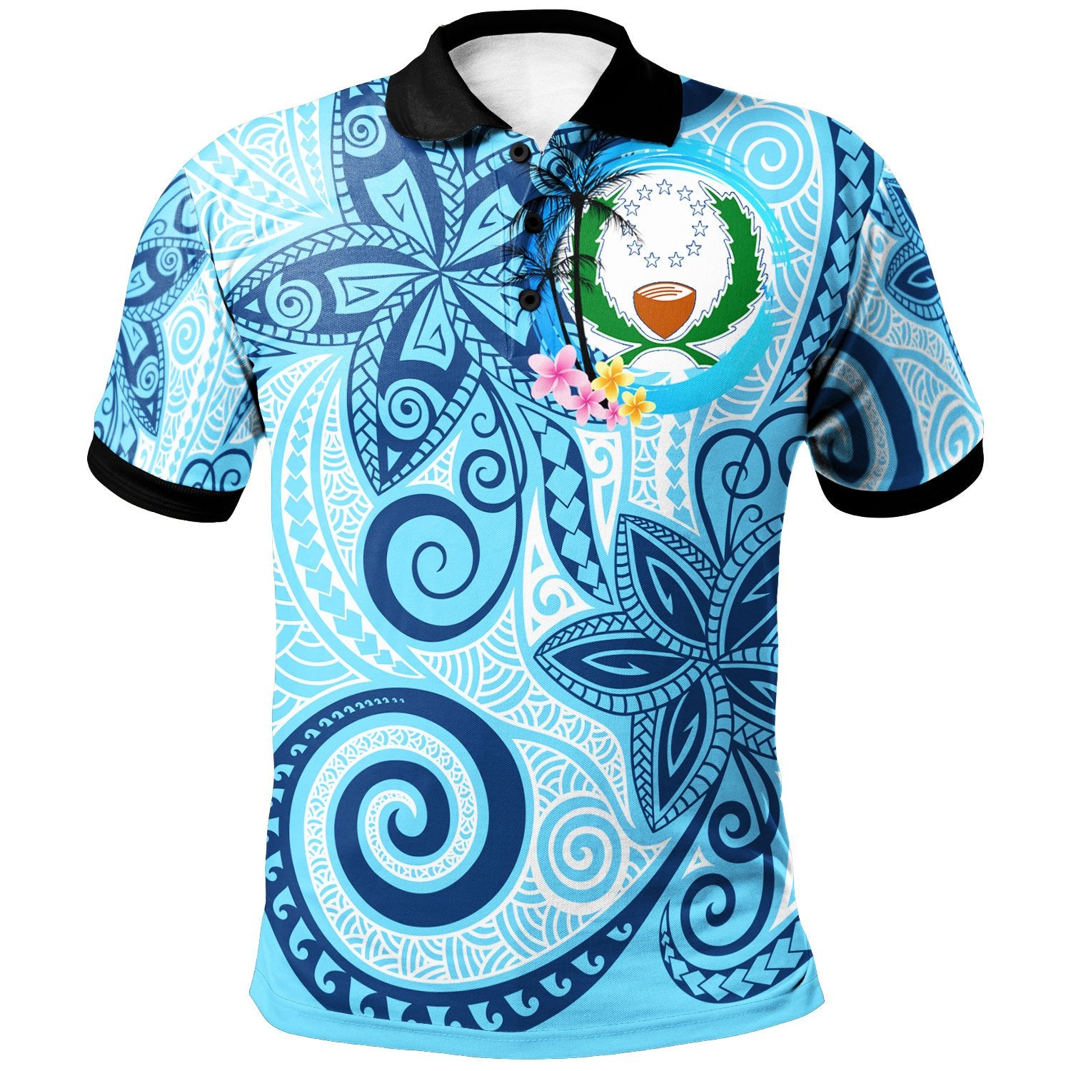 Pohnpei Polo Shirt Tribal Plumeria Pattern Unisex Blue - Polynesian Pride