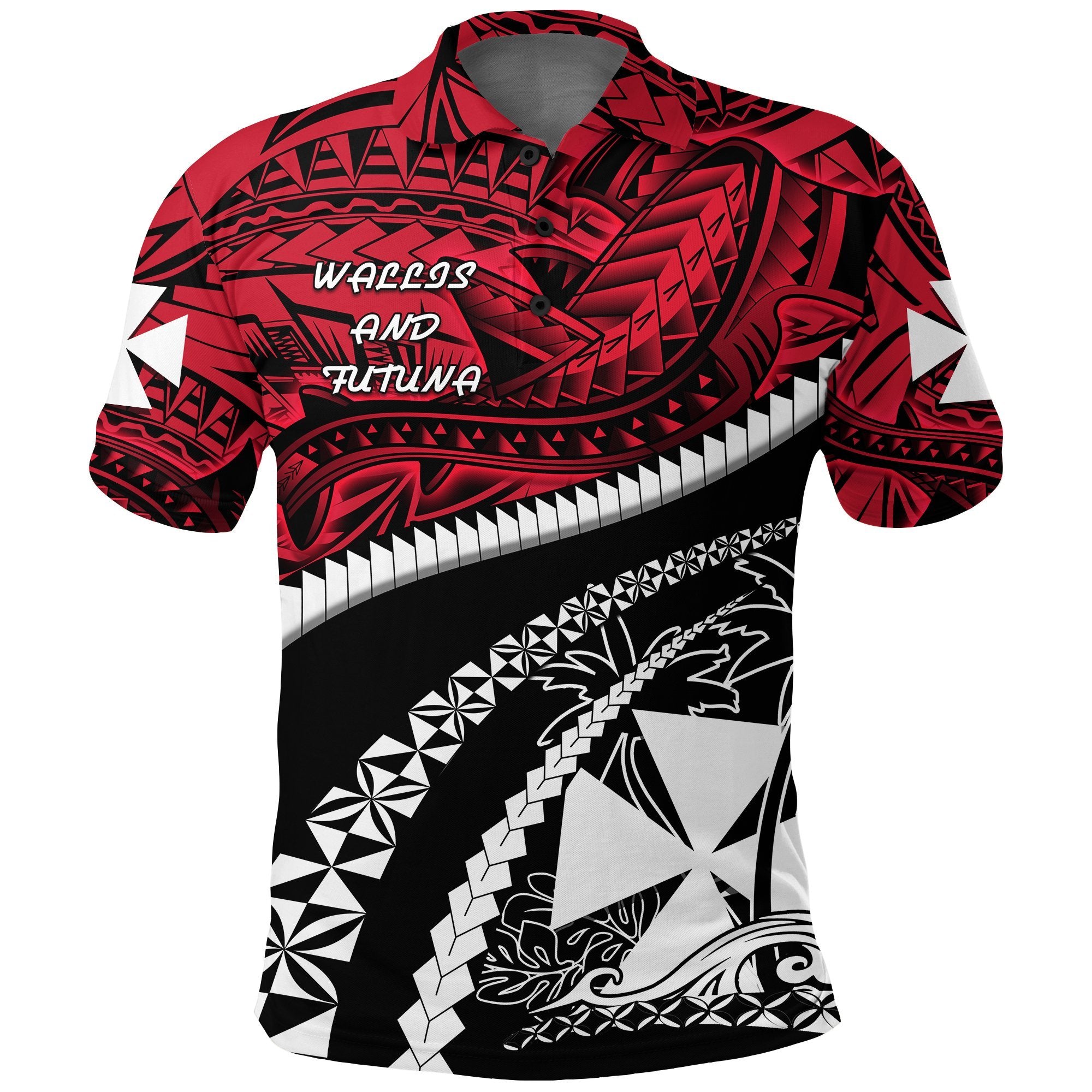 Wallis and Futuna Tapa Polo Shirt Polynesian Shark Tattoo Red - Polynesian Pride