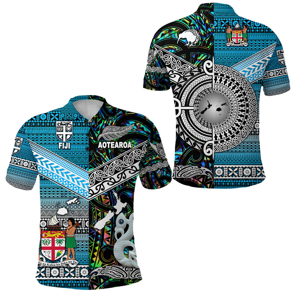 New Zealand Fiji Polo Shirt Maori and Tapa Together Green LT8 Unisex Blue - Polynesian Pride