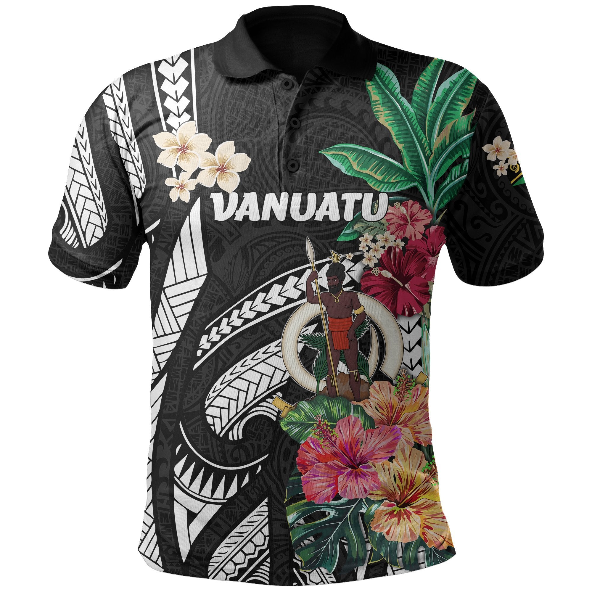Vanuatu All Over Print Polo Shirt Coat Of Arms Polynesian With Hibiscus Black - Polynesian Pride