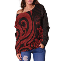 Marshall Islands Women's Off Shoulder Sweater - Red Tentacle Turtle Crest - Polynesian Pride