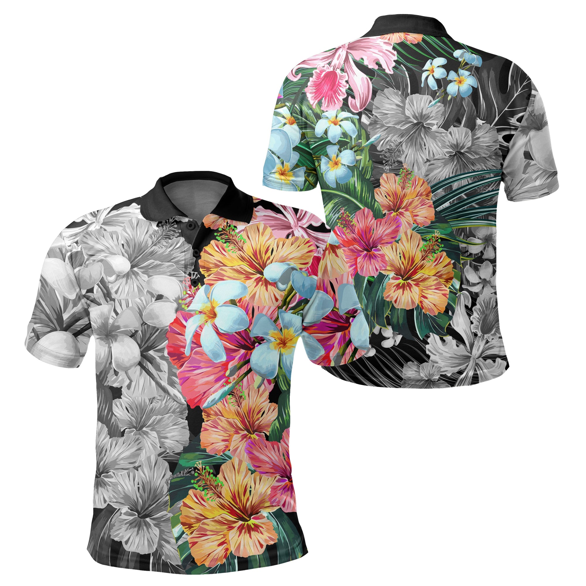 Hawaii Forest Tropical Flower Polo Shirt Black - Polynesian Pride