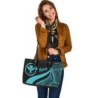 Hawaii Large Leather Tote Bag - Turquoise Polynesian Tentacle Tribal Pattern - Polynesian Pride