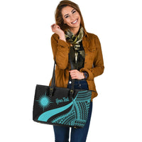 Marshall Islands Custom Personalised Large Leather Tote Bag - Turquoise Polynesian Tentacle Tribal Pattern - Polynesian Pride