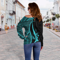 Kosrae Custom Personalised Women's Off Shoulder Sweater - Turquoise Polynesian Tentacle Tribal Pattern - Polynesian Pride