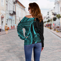 Palau Custom Personalised Women's Off Shoulder Sweater - Turquoise Polynesian Tentacle Tribal Pattern Crest - Polynesian Pride