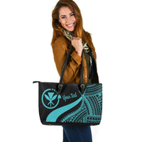 Hawaii Custom Personalised Large Leather Tote Bag - Turquoise Polynesian Tentacle Tribal Pattern - Polynesian Pride