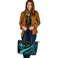 Hawaii Large Leather Tote Bag - Turquoise Polynesian Tentacle Tribal Pattern - Polynesian Pride