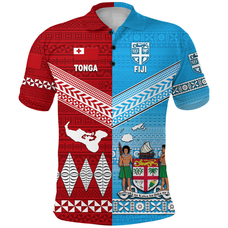 Tonga Ngatu and Fiji Tapa Polo Shirt Together LT8 Blue - Polynesian Pride