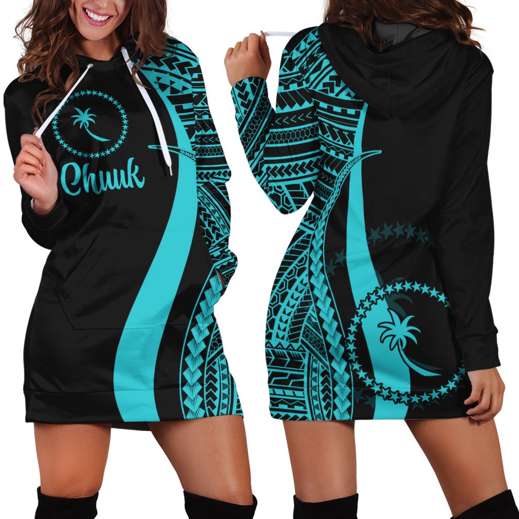 Chuuk Women's Hoodie Dress - Turquoise Polynesian Tentacle Tribal Pattern Turquoise - Polynesian Pride