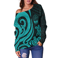 Marshall Islands Women's Off Shoulder Sweater - Turquoise Tentacle Turtle Crest - Polynesian Pride