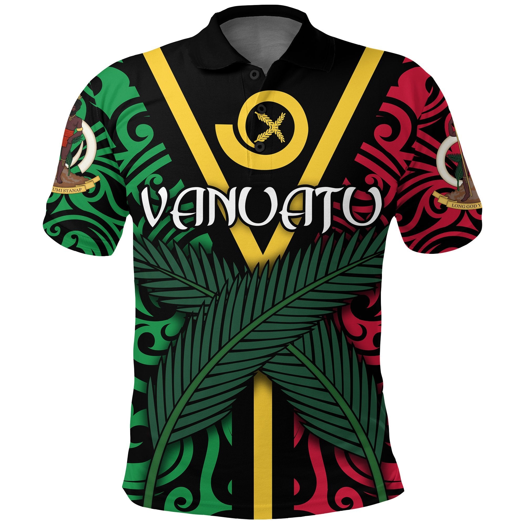Vanuatu Flag Polo Shirt Melanesian Warrior Black - Polynesian Pride