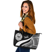 Tahiti Large Leather Tote Bag - White Polynesian Tentacle Tribal Pattern White - Polynesian Pride