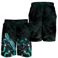 Fiji Polynesian Men's Shorts - Turtle With Blooming Hibiscus Turquoise - Polynesian Pride
