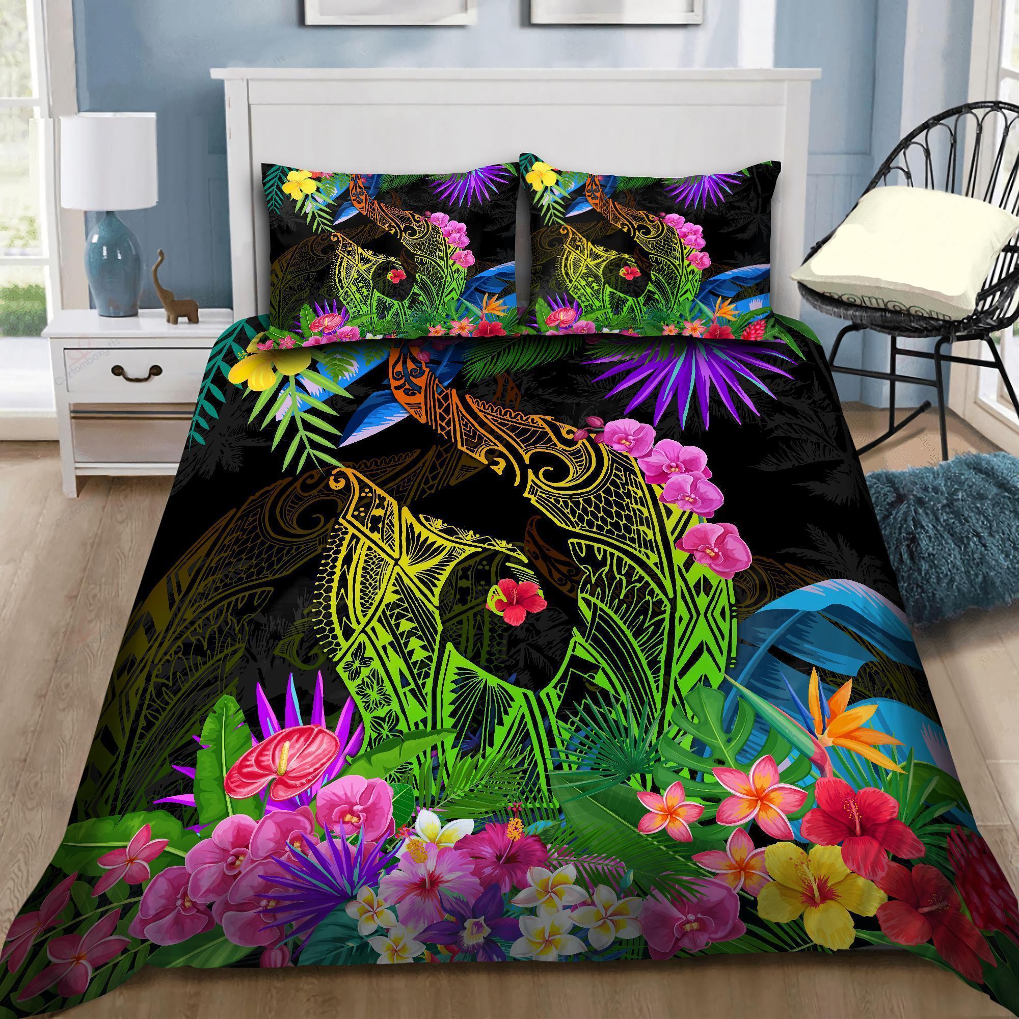 Hawaii Bedding Set - Hawaii Fish Hook Flower Color Bedding Set AH Black - Polynesian Pride
