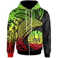 Tahiti Zip up Hoodie Humpback Whale & Coat of Arms Reggae Unisex Reggae - Polynesian Pride
