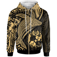 Tonga Zip up Hoodie Humpback Whale & Coat of Arms Gold Unisex Gold - Polynesian Pride