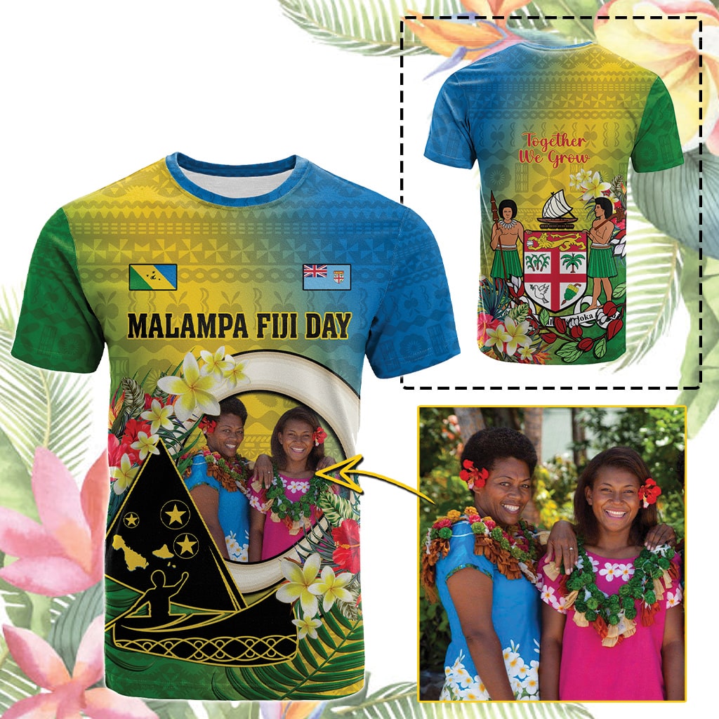 Custom Photo Malampa Fiji Day T Shirt Together We Grow Coat Of Arms Tropical Flowers CTM14