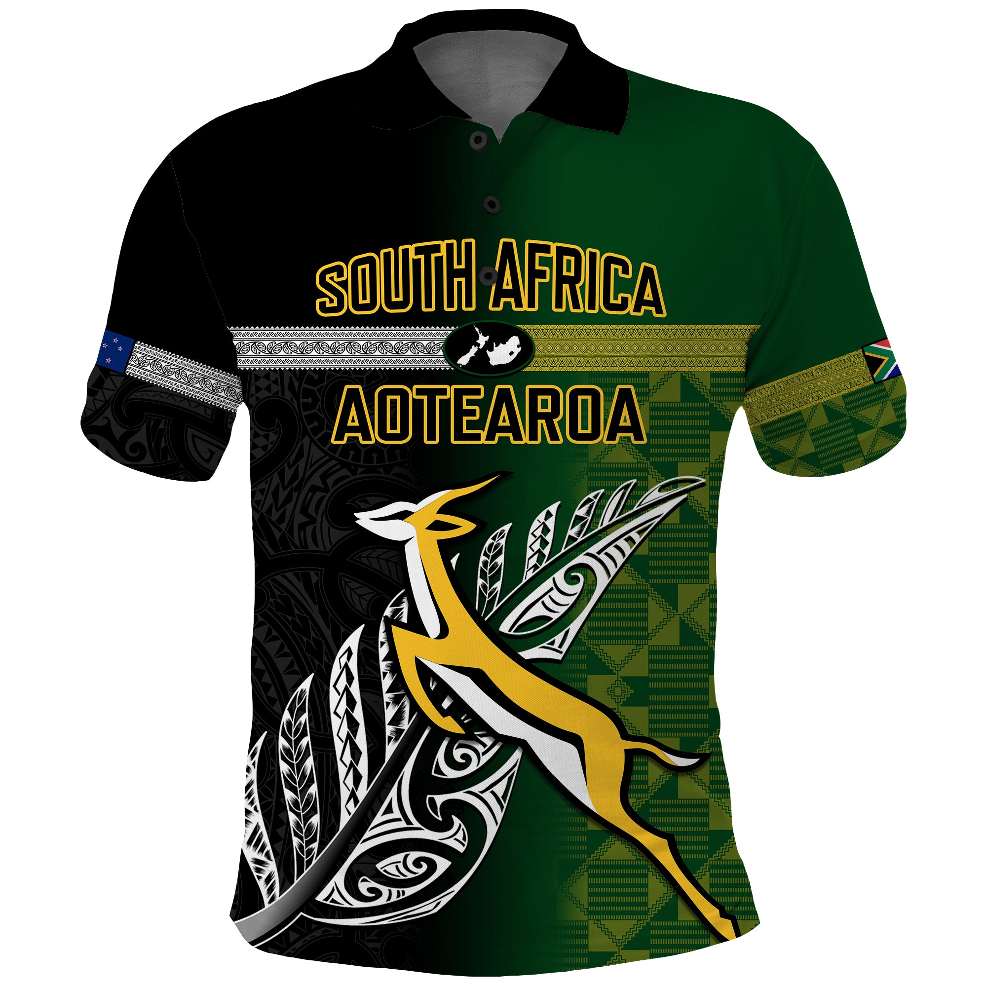 Personalised New Zealand and South Africa Rugby Polo Shirt 2023 World Cup Final All Black With Springboks LT14 Black - Polynesian Pride