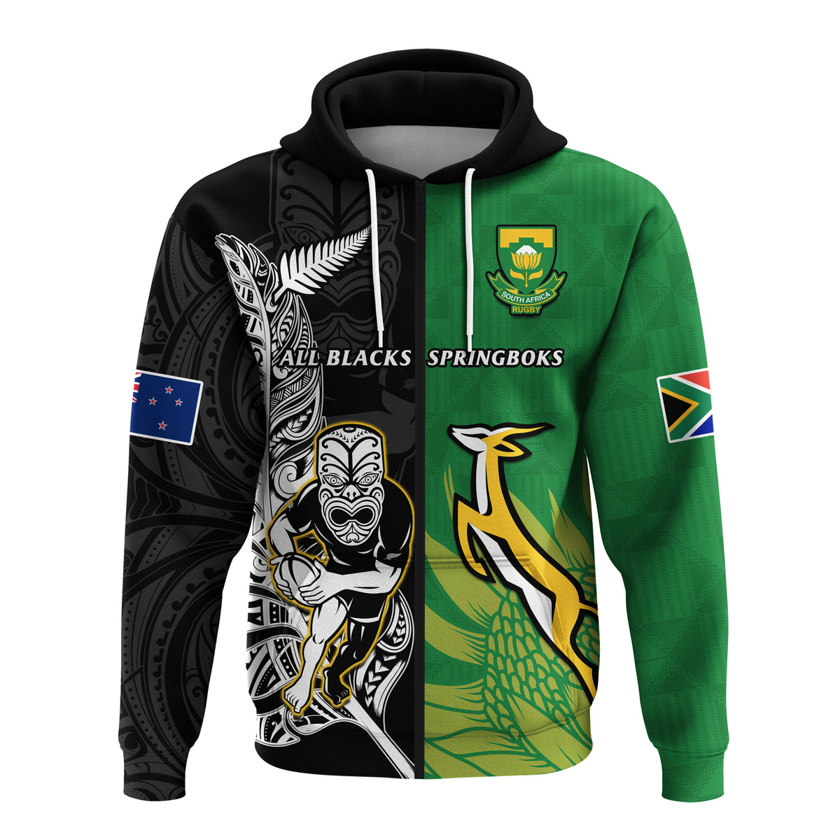 Custom New Zealand and South Africa Rugby Hoodie All Black Maori Mix Springboks LT14 Zip Hoodie Black - Polynesian Pride