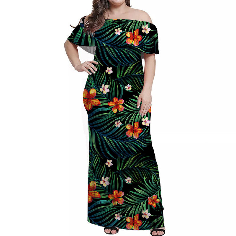 Polynesian Pride Off Shoulder Long Dress Hawaii Tropical Flowers LT14 Women Black - Polynesian Pride