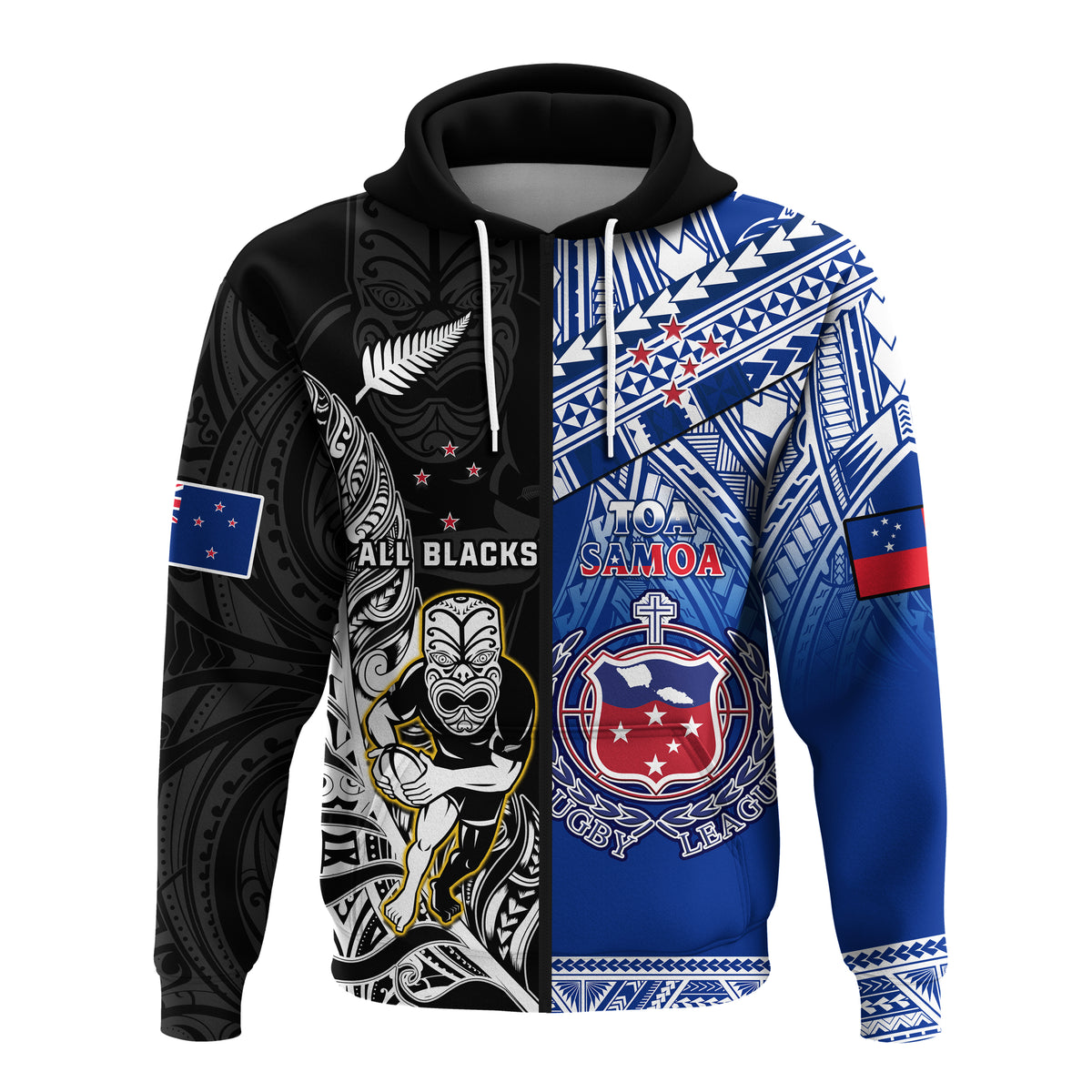 Custom All Black and Toa Samoa Rugby Hoodie NZ Maori Fern Mix Polynesian LT14 Zip Hoodie Blue - Polynesian Pride