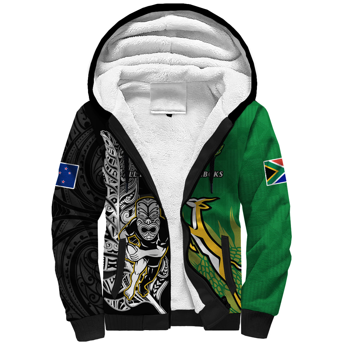 (Custom Personalised) New Zealand And South Africa Rugby Sherpa Hoodie All Black Maori Mix Springboks LT14 Unisex Black - Polynesian Pride