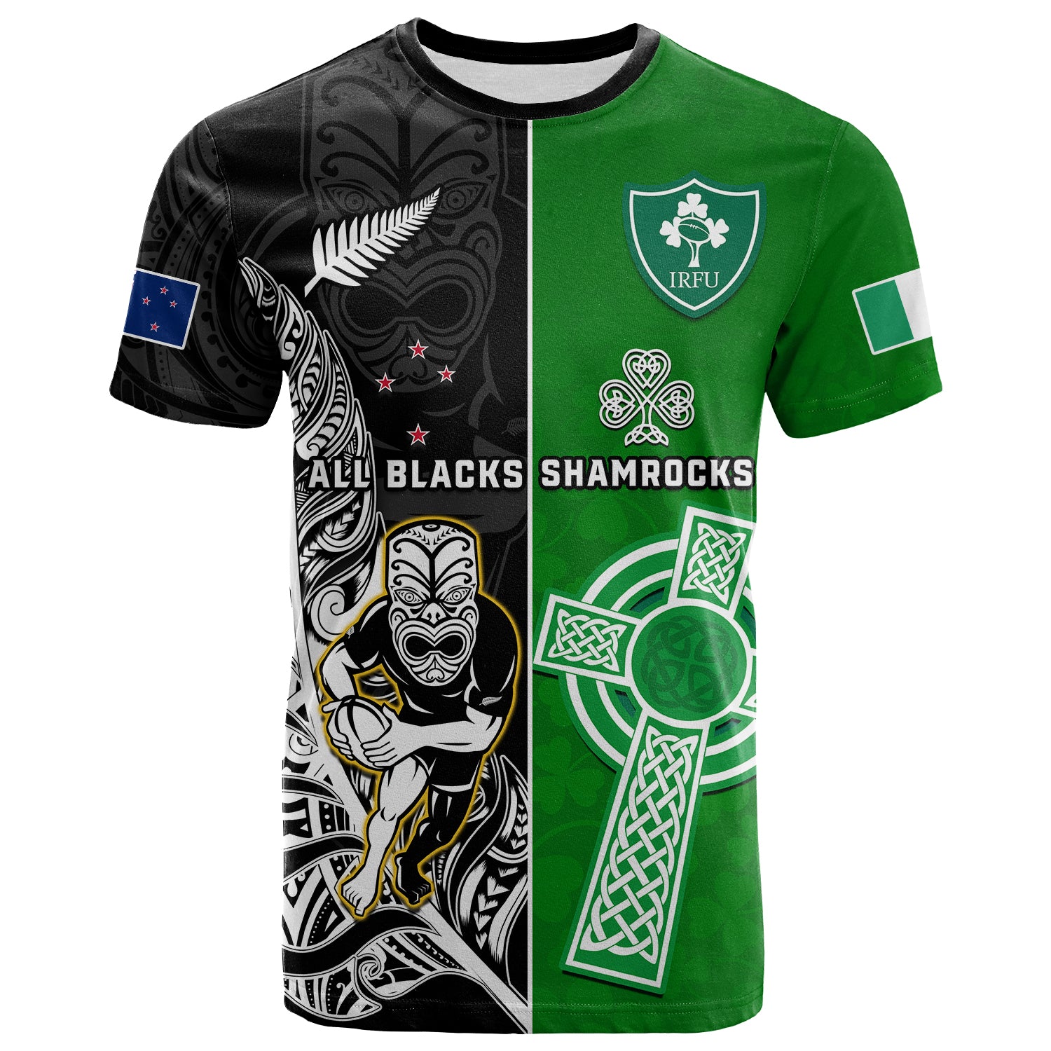 Custom New Zealand and Ireland Rugby T Shirt All Black Maori Mix Shamrocks LT14 Black - Polynesian Pride